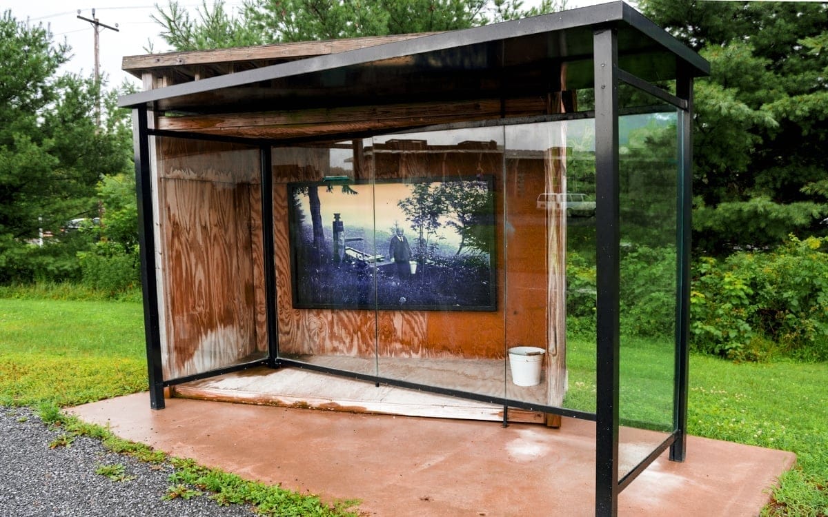 Dennis Adams’ Bus Shelter XI (Heidegger), an installation that examines the relationship of art and urban environment at Art Omi in Columbia County. | Photo by Andrew Frey