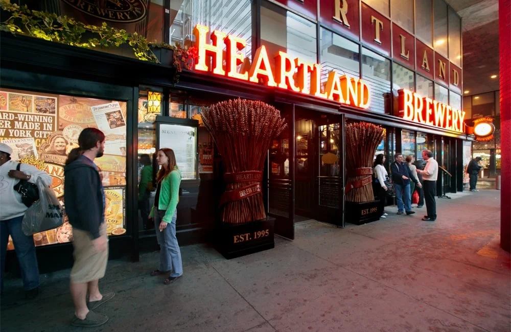 The entrance to one of three Heartland Brewery locations in New York City, NY.