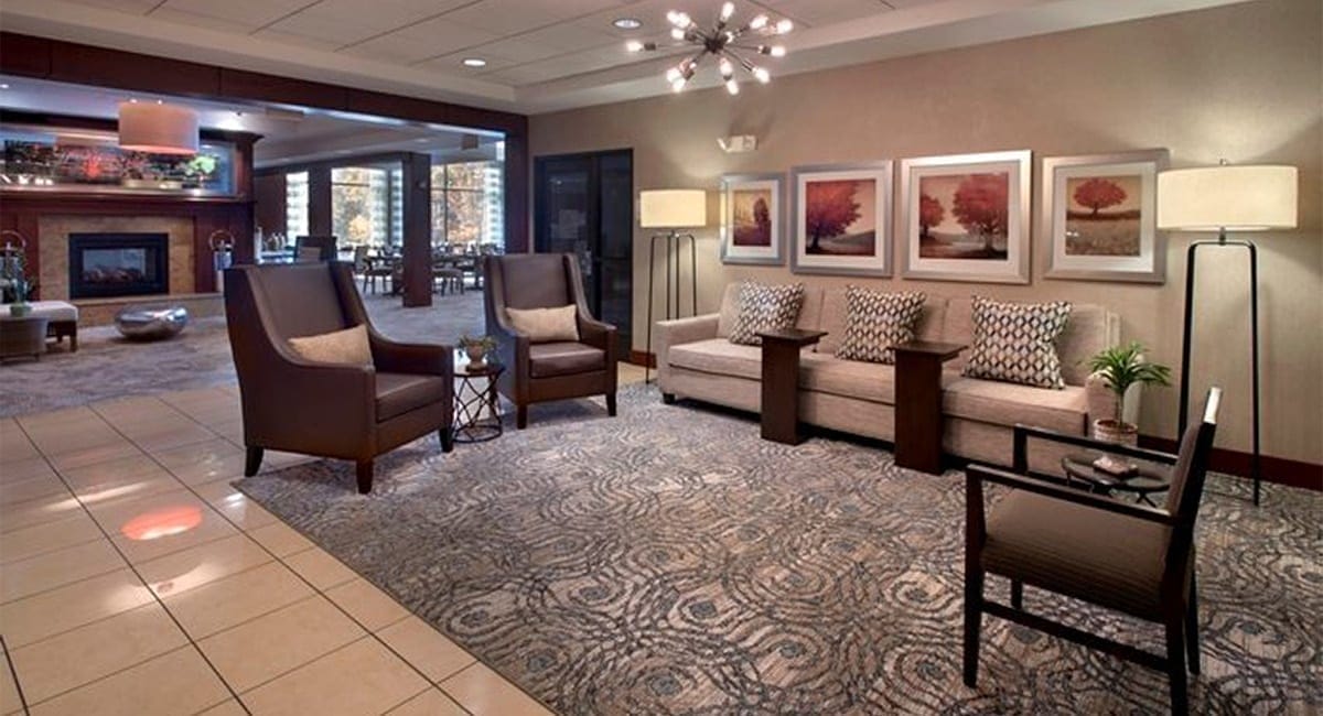 The Albany hotel's cozy lobby and lounge. | Photo Courtesy of Hilton Garden Inn at Albany Medical Center.