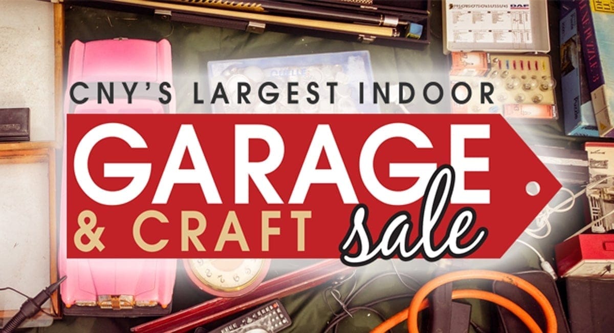 A promotional image for CNYs Largest Indoor Garage & Craft Sale showcases an array of items, from toys to electronics, along the edges. In bold text at the center, it highlights the excitement and variety of this unique garage and craft sale experience.