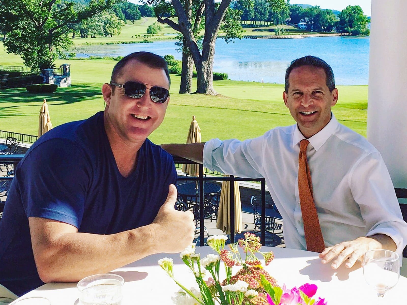 Jeff Idelson with Hall of Fame Jim Those at The Otesaga Resort Hotel overlooking Otsego Lake. | Photo Courtesy of National Baseball Hall of Fame and Museum