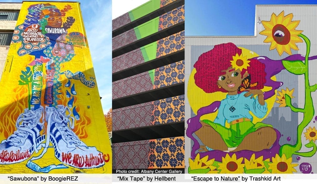 A collage of three capital walls murals: vibrant street art of swirling patterns and text, geometric designs on a building, and a colorful painting of a child with afro hair and sunflowers. Each section features unique artistic styles and themes. A collage of three capital walls murals: vibrant street art of swirling patterns and text, geometric designs on a building, and a colorful painting of a child with afro hair and sunflowers. Each section features unique artistic styles and themes.