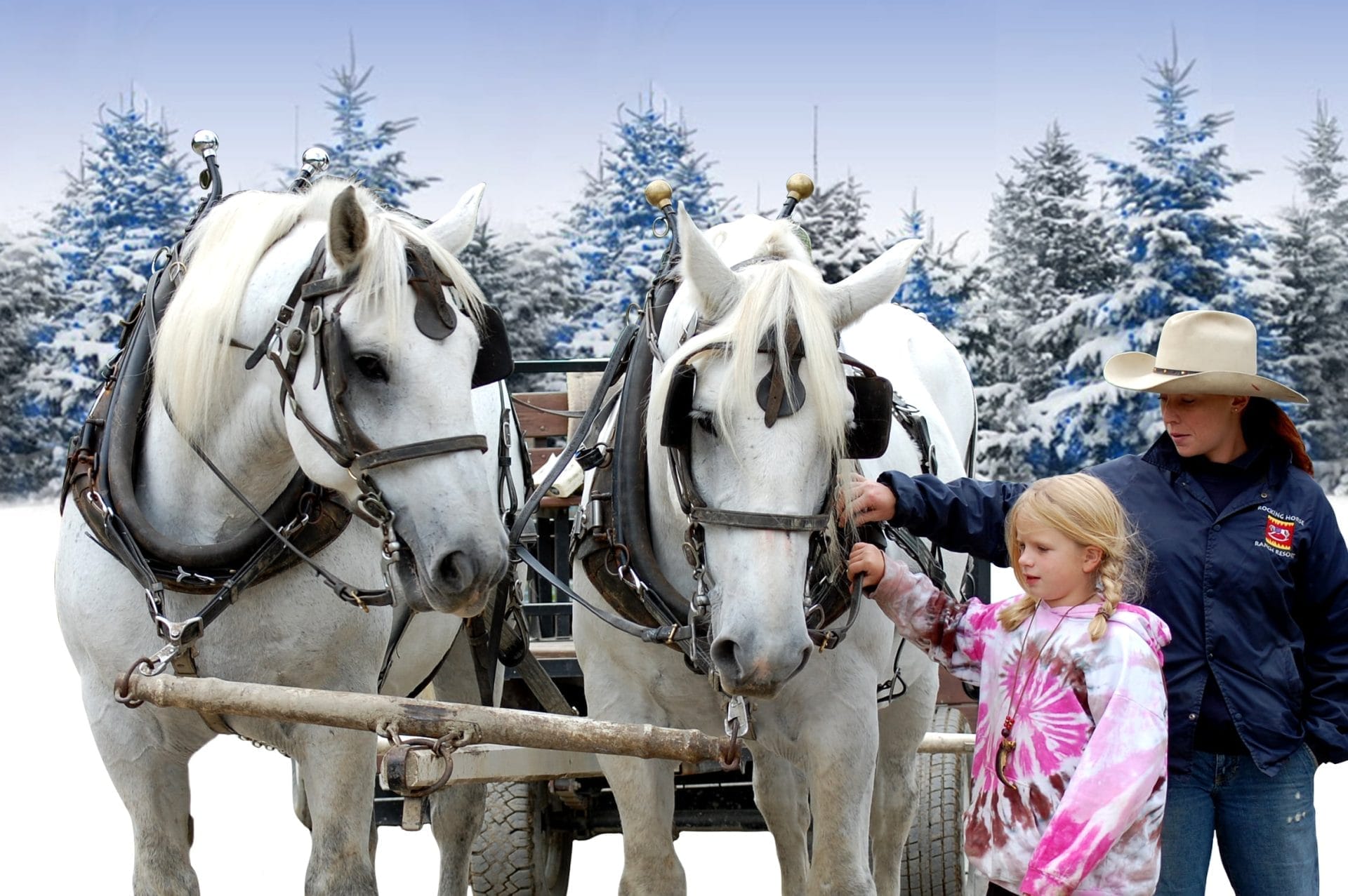 A woman in a cowboy hat and a young girl stand beside two white horses hitched to a wagon at Rocking Horse Ranch Resort. Snow-covered pine trees are in the background. The girl gently touches one horse, while the woman adjusts the reins with care. A woman in a cowboy hat and a young girl stand beside two white horses hitched to a wagon at Rocking Horse Ranch Resort. Snow-covered pine trees are in the background. The girl gently touches one horse, while the woman adjusts the reins with care.