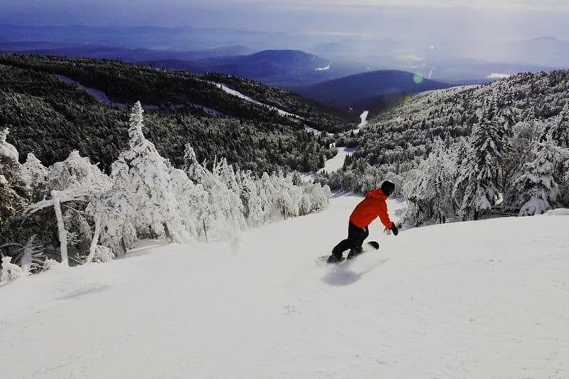 A snowboarder in a red jacket descends a snowy slope surrounded by snow-covered trees, embodying the thrill of winter attractions. The expansive mountainous landscape unfolds under a clear sky, with distant peaks and a long winding trail.
