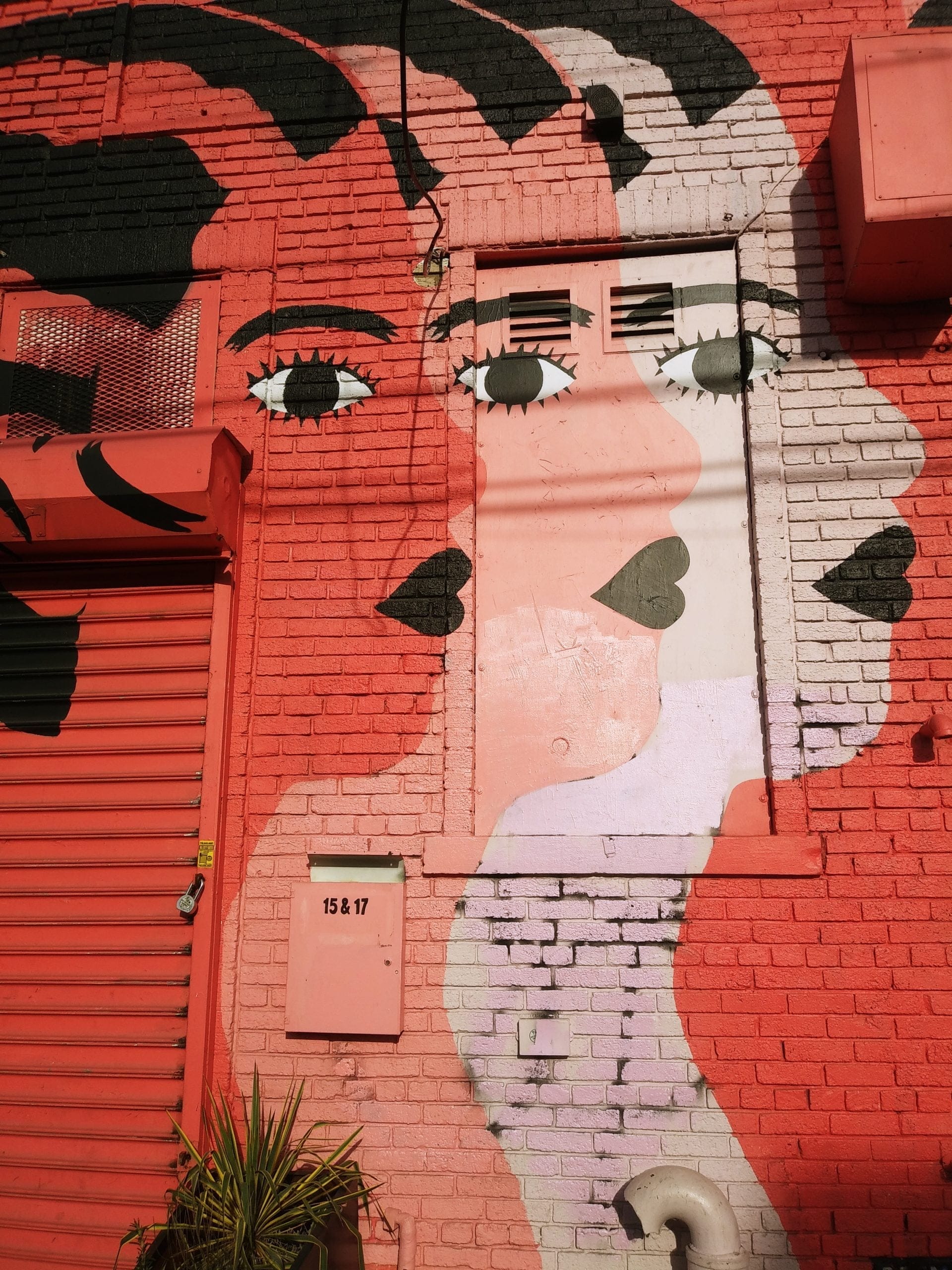 A vibrant mural on a brick wall, an off-beat experience to enjoy in New York City, showcases overlapping faces in red, pink, black, and white. Two stylized faces share common eyes, blending seamlessly. In the foreground, a small door and plant add unique charm to this artistic gem. A vibrant mural on a brick wall, an off-beat experience to enjoy in New York City, showcases overlapping faces in red, pink, black, and white. Two stylized faces share common eyes, blending seamlessly. In the foreground, a small door and plant add unique charm to this artistic gem.