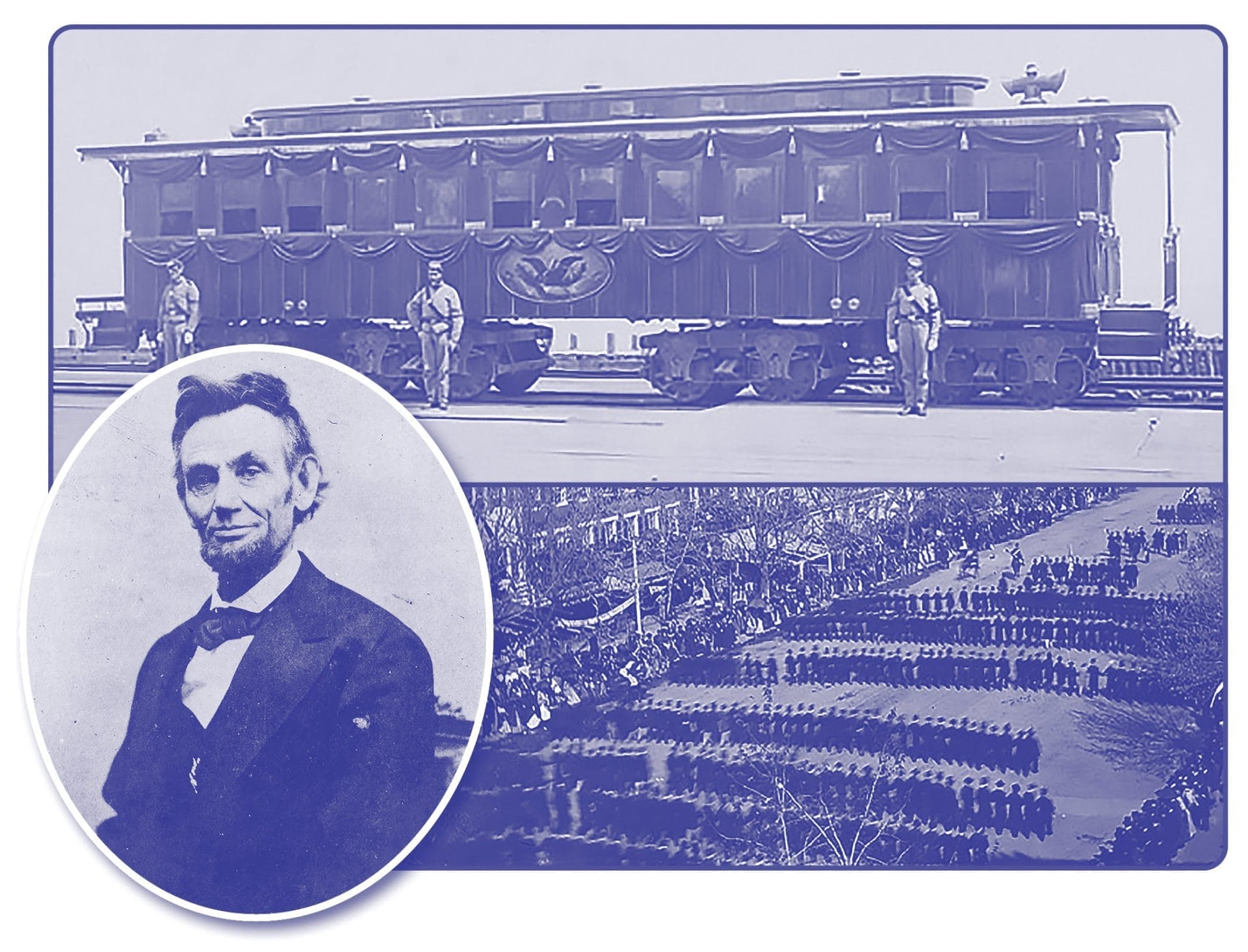 A vintage photograph captures a presidential train draped with black fabric, soldiers solemnly standing by. An inset features a portrait of a distinguished, bearded man in a suit. Below, the street scene teems with a large crowd as soldiers march in honor. A vintage photograph captures a presidential train draped with black fabric, soldiers solemnly standing by. An inset features a portrait of a distinguished, bearded man in a suit. Below, the street scene teems with a large crowd as soldiers march in honor.