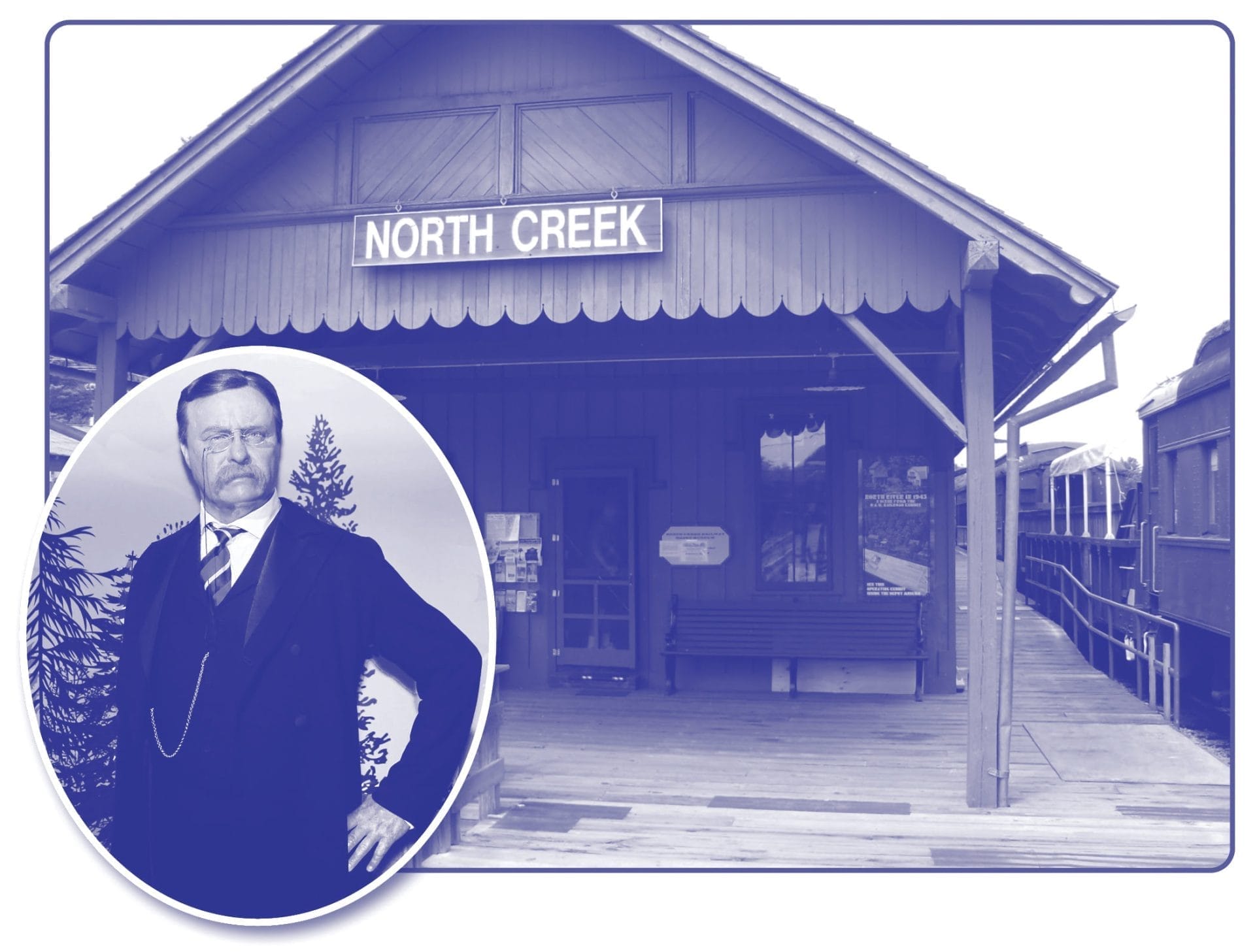 A historic train station labeled North Creek features a wooden platform and a bench. An inset highlights a man in a vintage suit with a pocket watch and chain, standing confidently, exuding an almost presidential aura. The image is set in an evocative blue tint. A historic train station labeled North Creek features a wooden platform and a bench. An inset highlights a man in a vintage suit with a pocket watch and chain, standing confidently, exuding an almost presidential aura. The image is set in an evocative blue tint.