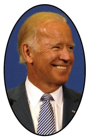 A smiling man with short, light-colored hair is donning a presidential dark suit, white shirt, and striped tie. The blue-background image is elegantly framed in an oval shape. A smiling man with short, light-colored hair is donning a presidential dark suit, white shirt, and striped tie. The blue-background image is elegantly framed in an oval shape.