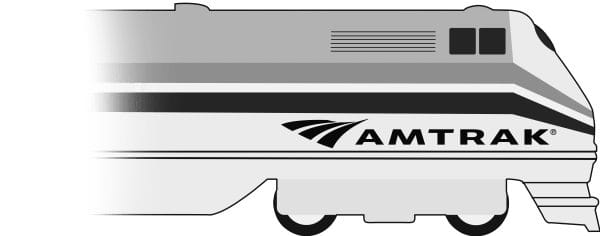 Illustration of a sleek Amtrak train engine in grayscale, akin to a local guides snapshot, featuring the Amtrak logo with stylized stripes on the side. The train is facing to the right with a fade effect on the left side.