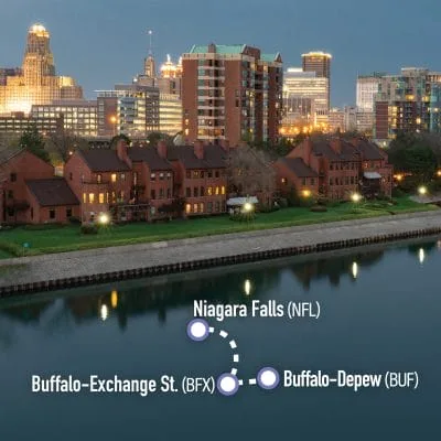 Night view of a city skyline with tall buildings reflected in a calm river, reminiscent of New York City. Overlaid text indicates a transit route connecting Niagara Falls, Buffalo-Exchange St., and Buffalo-Depew with respective abbreviations NFL, BFX, and BUF.