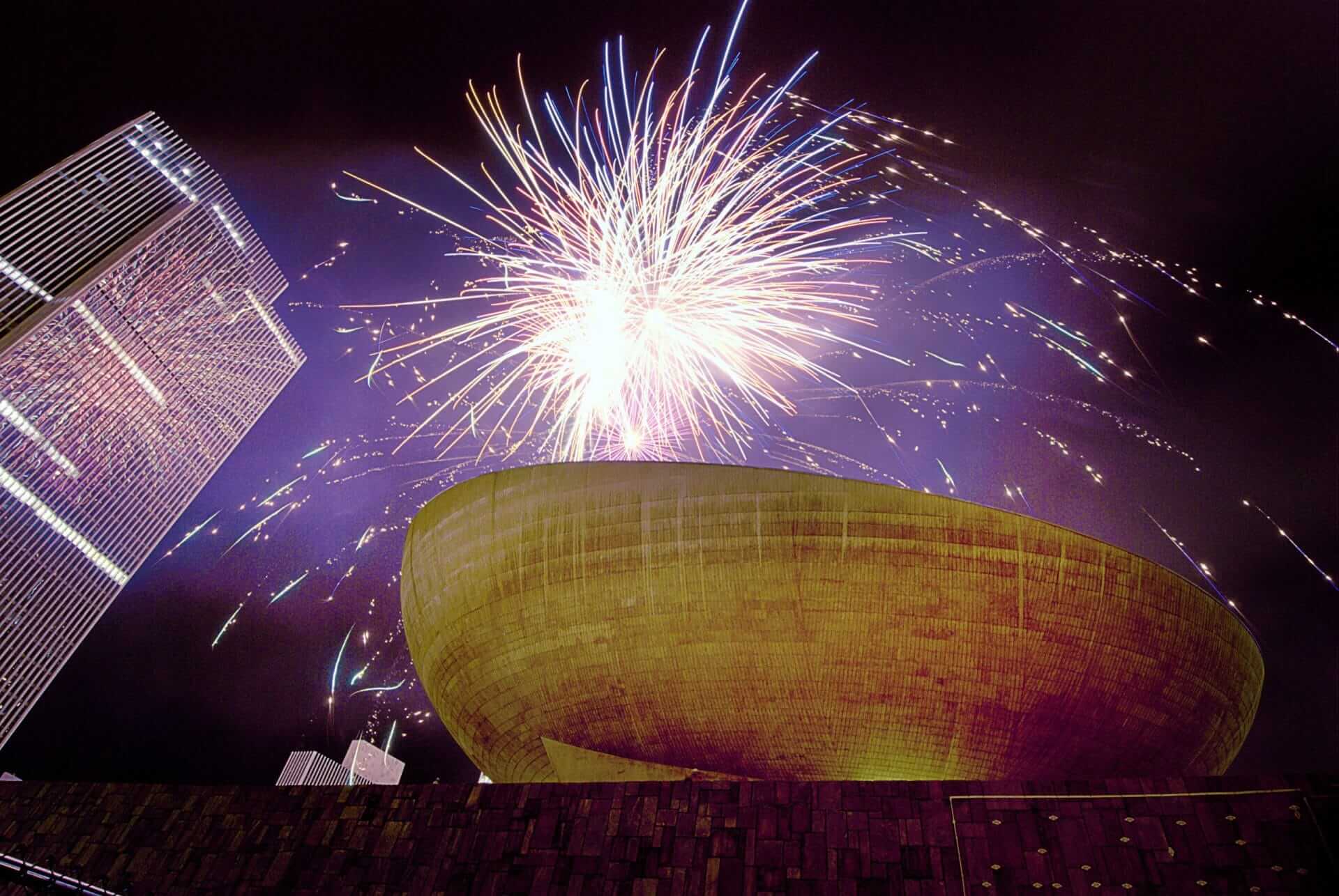 fireworks over The Egg Performing Arts Center at the Empire State Plaza in Albany