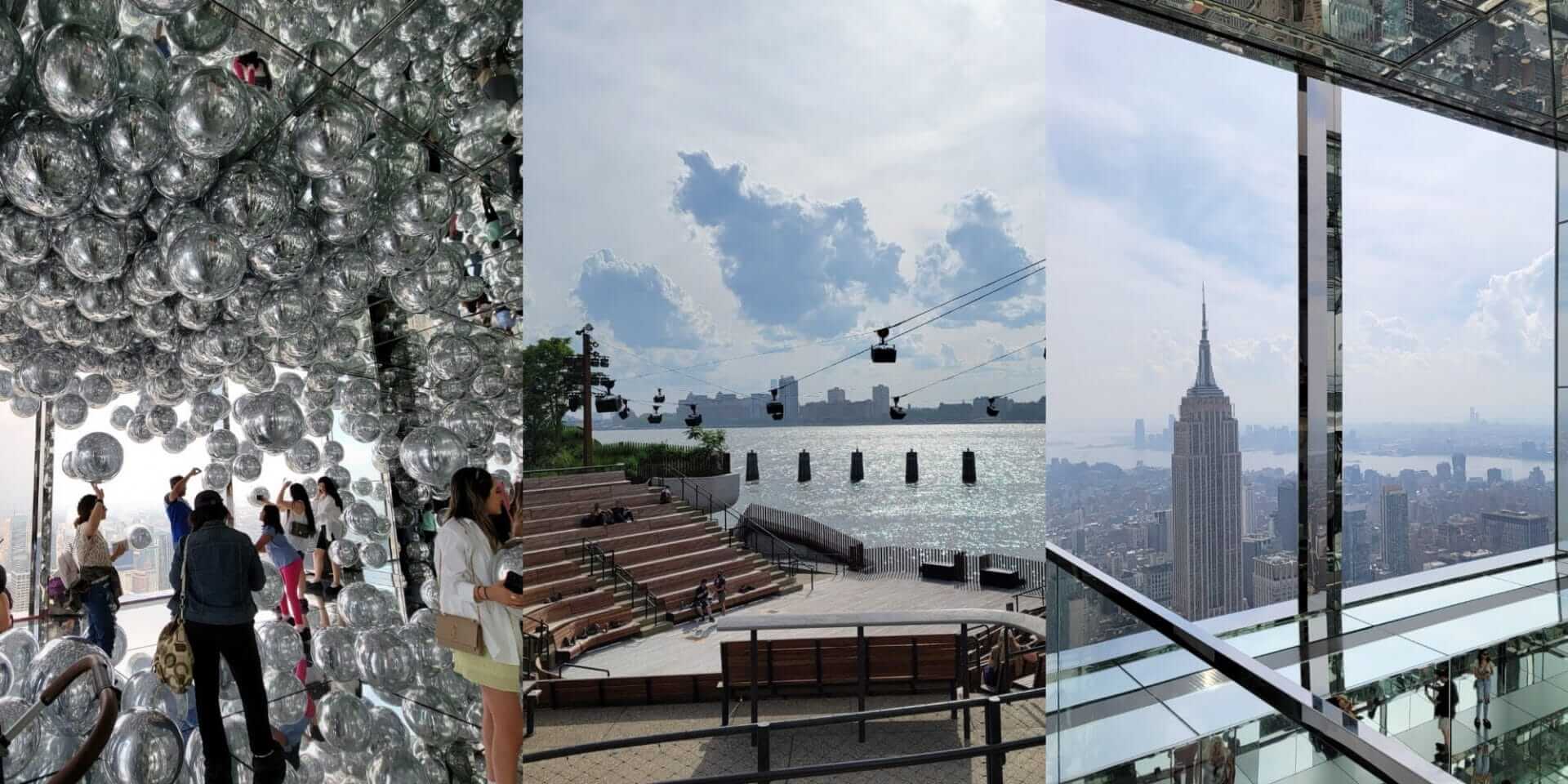 SUMMIT One Vanderbilt silver balloons and view of Empire State Building, and Little Island Amphitheatre