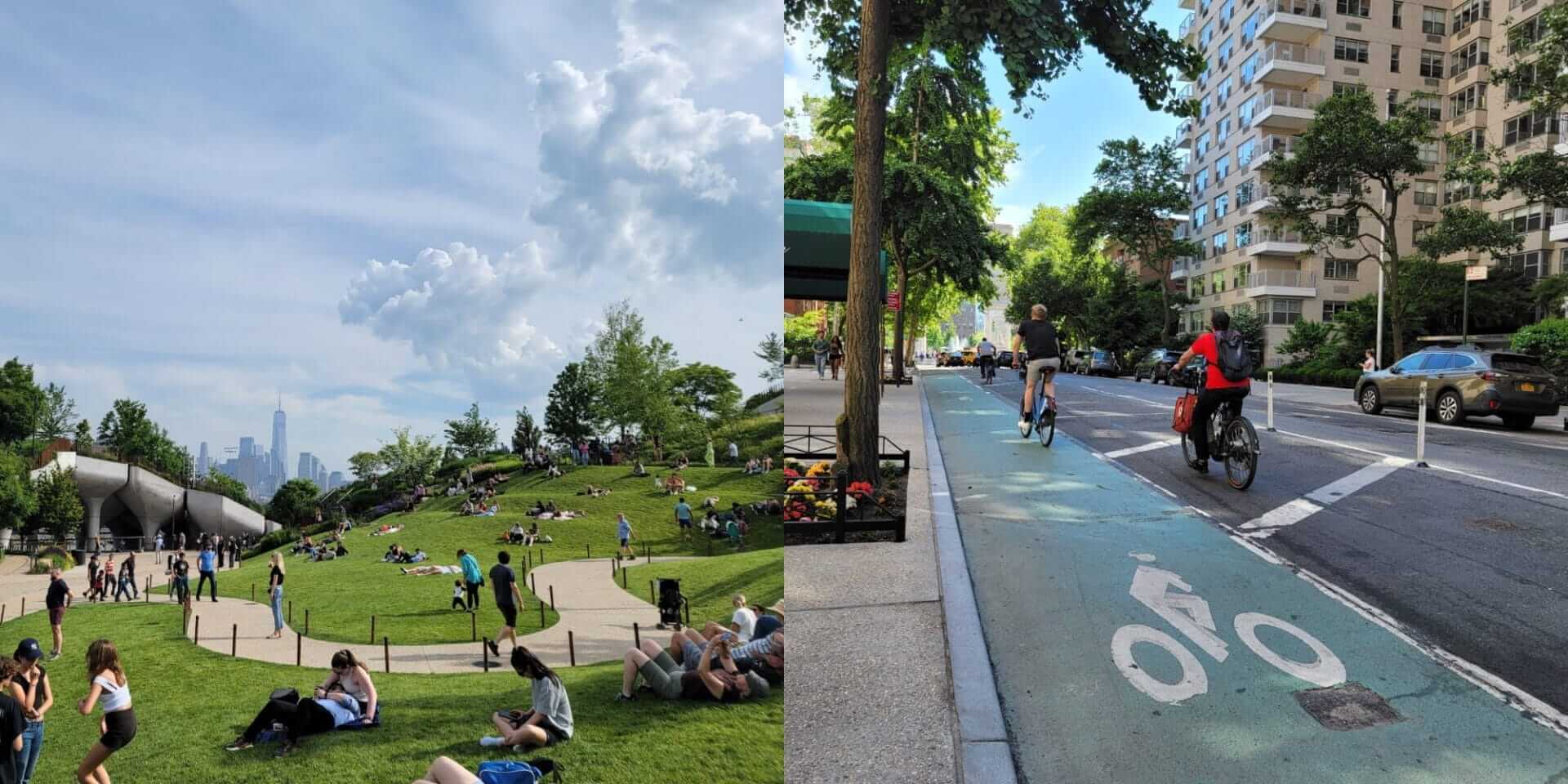 Lawn on Little Island Park in NYC and Bike Lanes on fifth avenue in NYC