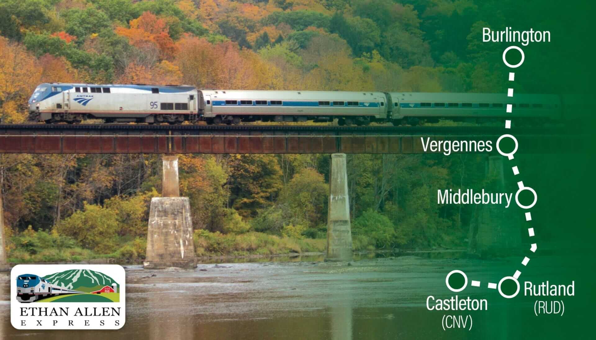 Amtrak train traveling over bridge in Vermont