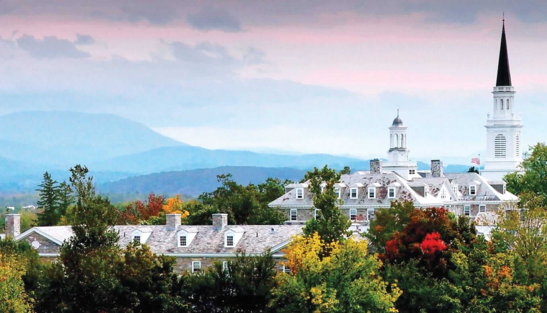 Middlebury College in Middlebury VT with mountain backdrop