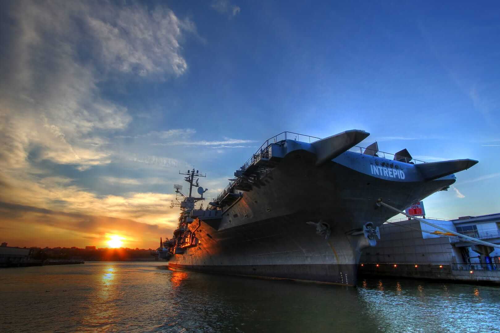 USS Intrepid on the Hudson River at Sunset PHOTO CREDIT Intrepid Sea Air Space Museum