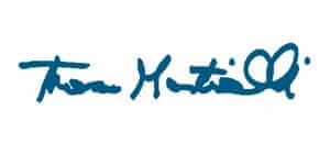 A stylized blue signature from the Amtrak CEO graces a pristine white background.
