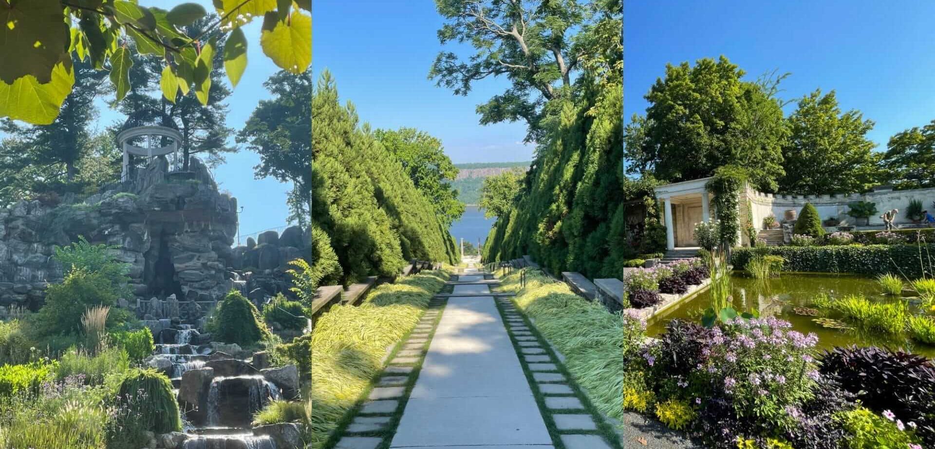 untermyer gardens waterfall, pathway to hudson river and garden