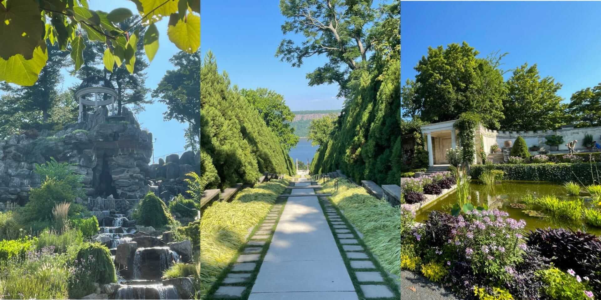 untermyer gardens waterfall, pathway to hudson river and garden