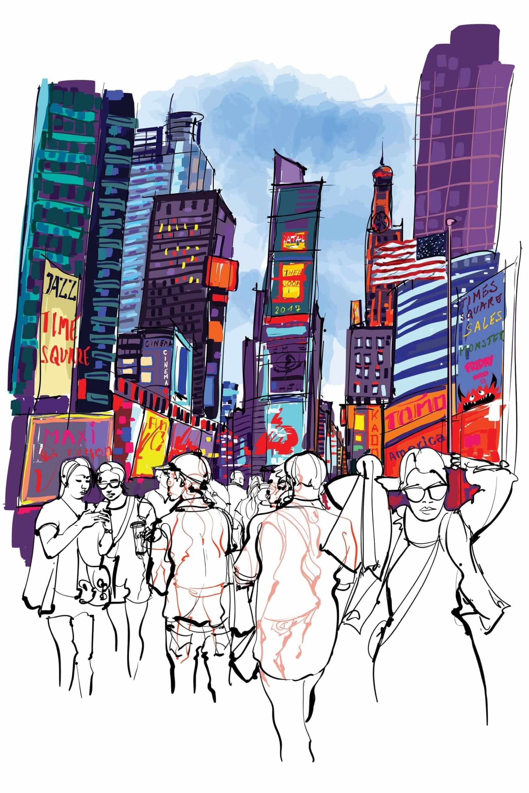 Illustrated scene of New York Citys bustling heart, where tall, colorful skyscrapers adorned with bright advertisements highlight the urban vibrancy. Numerous people walk around, capturing the lively atmosphere synonymous with the Big Apples dynamic energy.