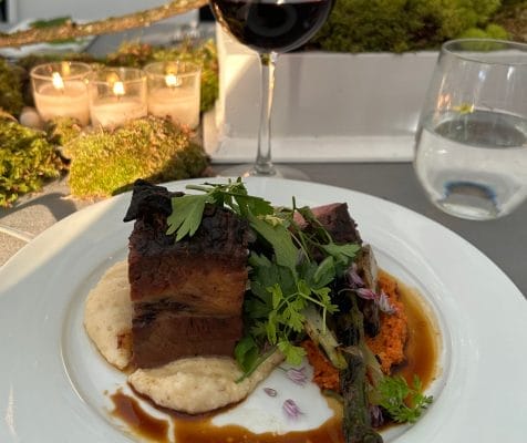 A gourmet dish featuring a tender piece of meat on creamy mashed potatoes and vibrant vegetable puree, garnished with fresh greens. Perfect for a weekend indulgence, the meal is complemented by a glass of red wine and candlelit ambiance, creating an elegant dining setting in the background.