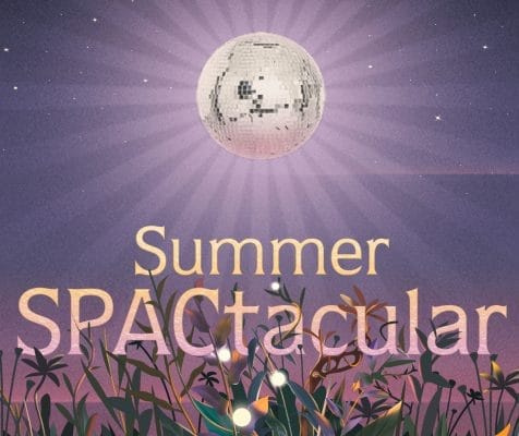 A sparkling disco ball resembling a celestial body shines over the text Summer SPACtacular. The background, perfect for a weekend escape, features a starry sky and silhouettes of plants, creating a whimsical, cosmic atmosphere.