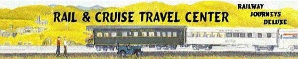 Illustration of a train excursion weaving through a scenic landscape with hills. Text on the image reads Rail & Cruise Travel Center and Saratoga Delights: Railway Journeys Deluxe.