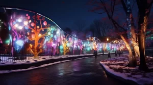 A vibrant, illuminated art installation featuring colorful, abstract tree designs on glowing panels lines a snowy walkway at night. Part of New York States Winter Events 2025, people stroll along the path, with the dazzling scene mirrored on the wet ground.