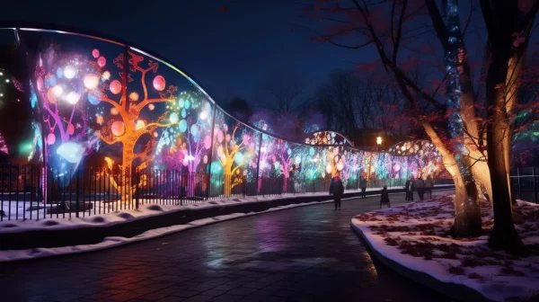 A vibrant, illuminated art installation featuring colorful, abstract tree designs on glowing panels lines a snowy walkway at night. Part of New York States Winter Events 2025, people stroll along the path, with the dazzling scene mirrored on the wet ground.