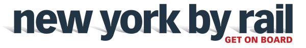 Text logo reads new york by rail in large dark blue letters with a shadow effect, styled as an Elementor Header, and GET ON BOARD in smaller red letters to the lower right. White background.