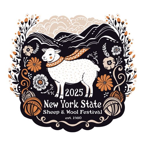 Charming illustration of a sheep in a scarf, surrounded by flowers, yarn balls, and mountains. Text: 2025 New York State Sheep & Wool Festival est. 1980. Celebrate at the New York wool festival in black, white, beige, and orange tones.