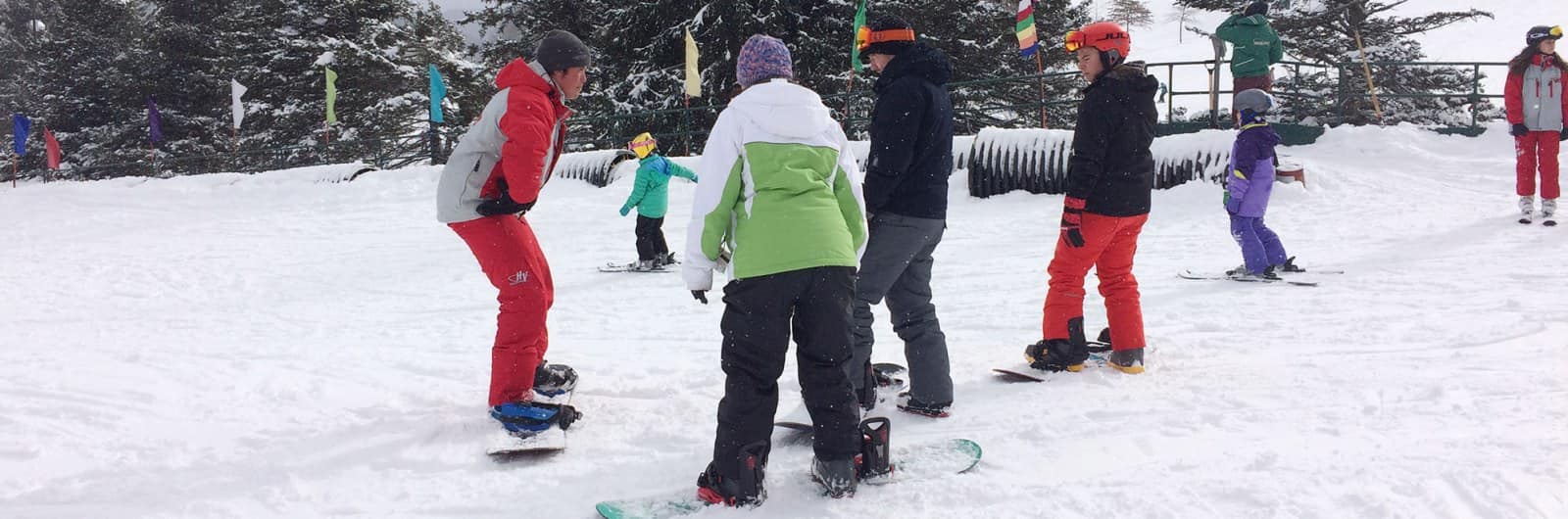 A group of people in winter clothing stand on snowboards in a snowy area in Buffalo NY, surrounded by trees and colorful flags, with children and adults further in the background.