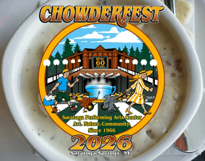 A bowl of chowder features a colorful Saratoga Chowderfest 2026 sticker in Saratoga Springs, NY, with people, a dog, and a building labeled SPAC 60 Years celebrating the Saratoga Performing Arts Center.