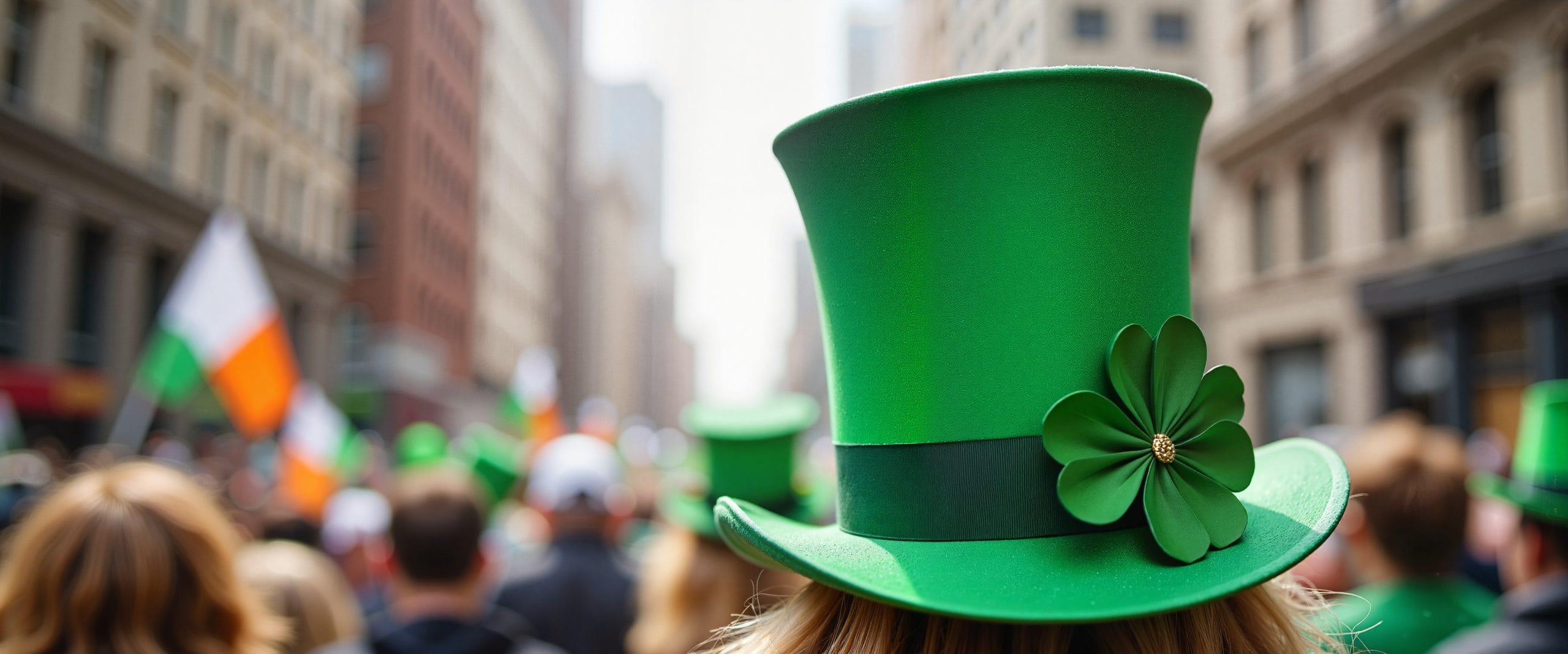 A vibrant crowd on a Buffalo NY city street celebrating at the St. Patrick's Day Parade