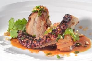 Grilled octopus tentacle and pork belly, served with sauce, fresh cilantro, diced herbs, and golden roasted potato cubes on a white plate—a standout dish in the heart of Saratoga Springs vibrant Restaurant City at 15 Church