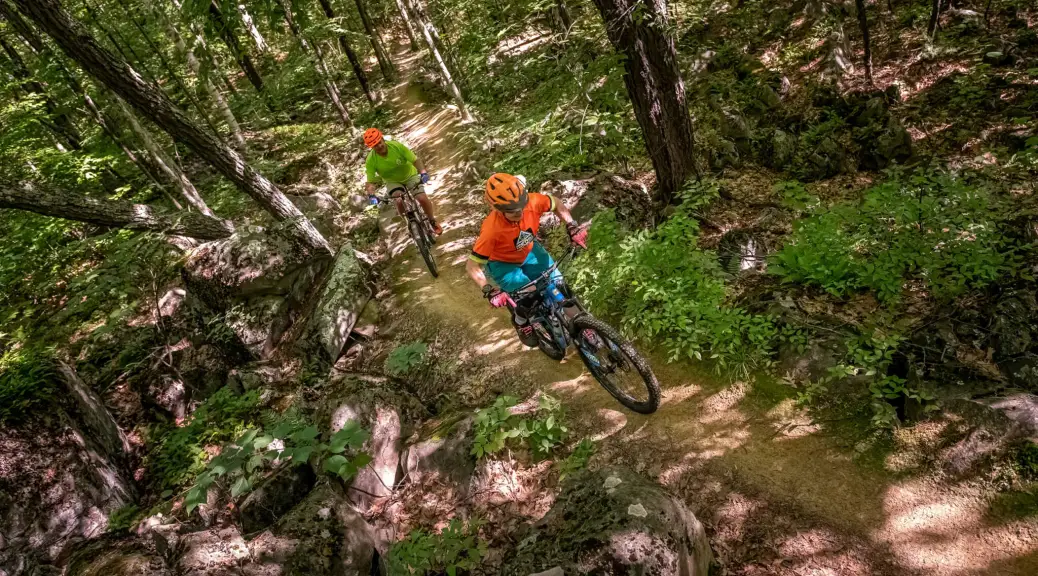 Two people wearing helmets and bright clothing ride mountain bikes on a narrow dirt trail through Rutland’s dense, sunlit forest, with trees and rocks on both sides.