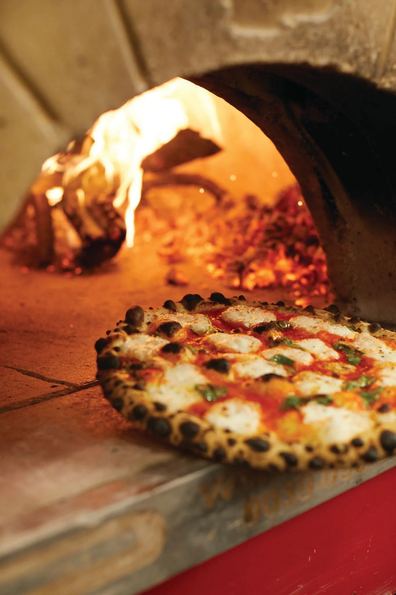 A wood-fired pizza with melted cheese, tomato sauce, and basil leaves sits on a peel in front of a blazing fire inside a traditional brick oven—an iconic stop on any New York food tour for true Empire State Eats.