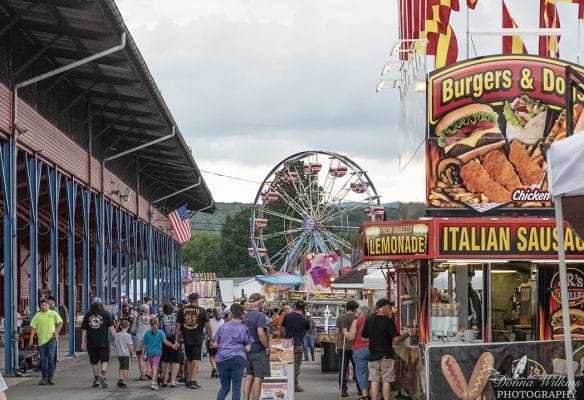 A busy Vermont State Fair scene with people walking between food stands selling lemonade, Italian sausage, and burgers. In the background, a Ferris wheel rises under a cloudy sky, while flags and carnival signs add vibrant color.