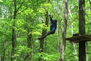 A person in a blue outfit is ziplining through a lush, green forest on the NY Zipline, suspended by a cable and wearing safety gear, with sunlight filtering through the leaves.