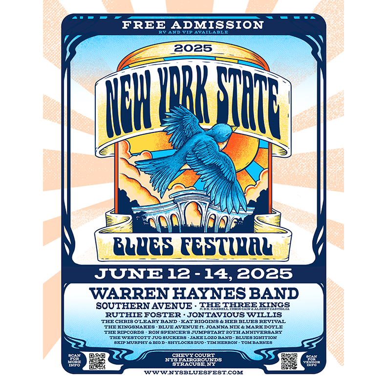 Poster for the 2025 New York State Blues Festival features a blue bird at sunset with Syracuse’s skyline. Celebrate the Blues Festival June 12–14 with headliner Warren Haynes Band—free admission!.