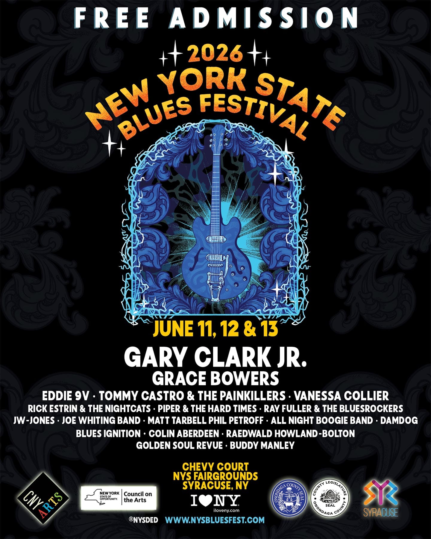 Poster for the 2026 New York State Blues Festival with a blue electric guitar graphic, event dates (June 11, 12, 13), featured artist Gary Clark Jr., other performers, and details about this free Blues Festival in Syracuse, NY.