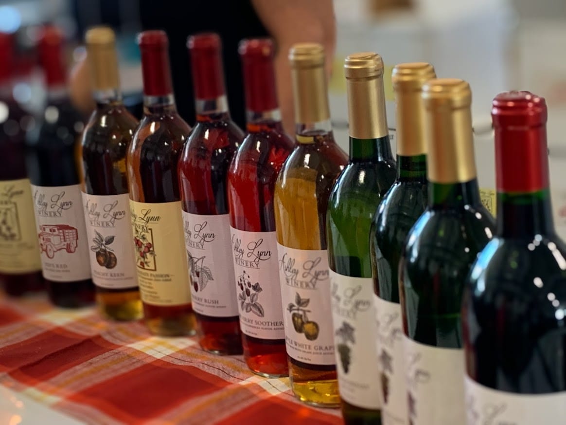 A row of assorted wine bottles with various colored labels and caps is displayed on a red and white plaid tablecloth, evoking the lively spirit of a Wine and Food Festival. The bottles are arranged closely together, with a blurred background.
