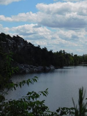 A calm lake surrounded by dense trees and rocky cliffs under a partly cloudy sky, with leafy branches in the foreground.
