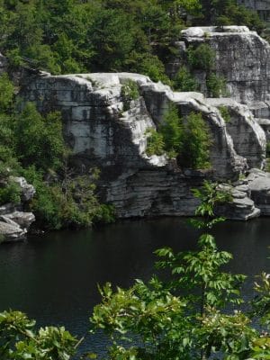 A rocky white cliff covered in green trees rises above a calm, dark river with dense foliage in the foreground and a building partially visible among the trees at the top of the cliff.