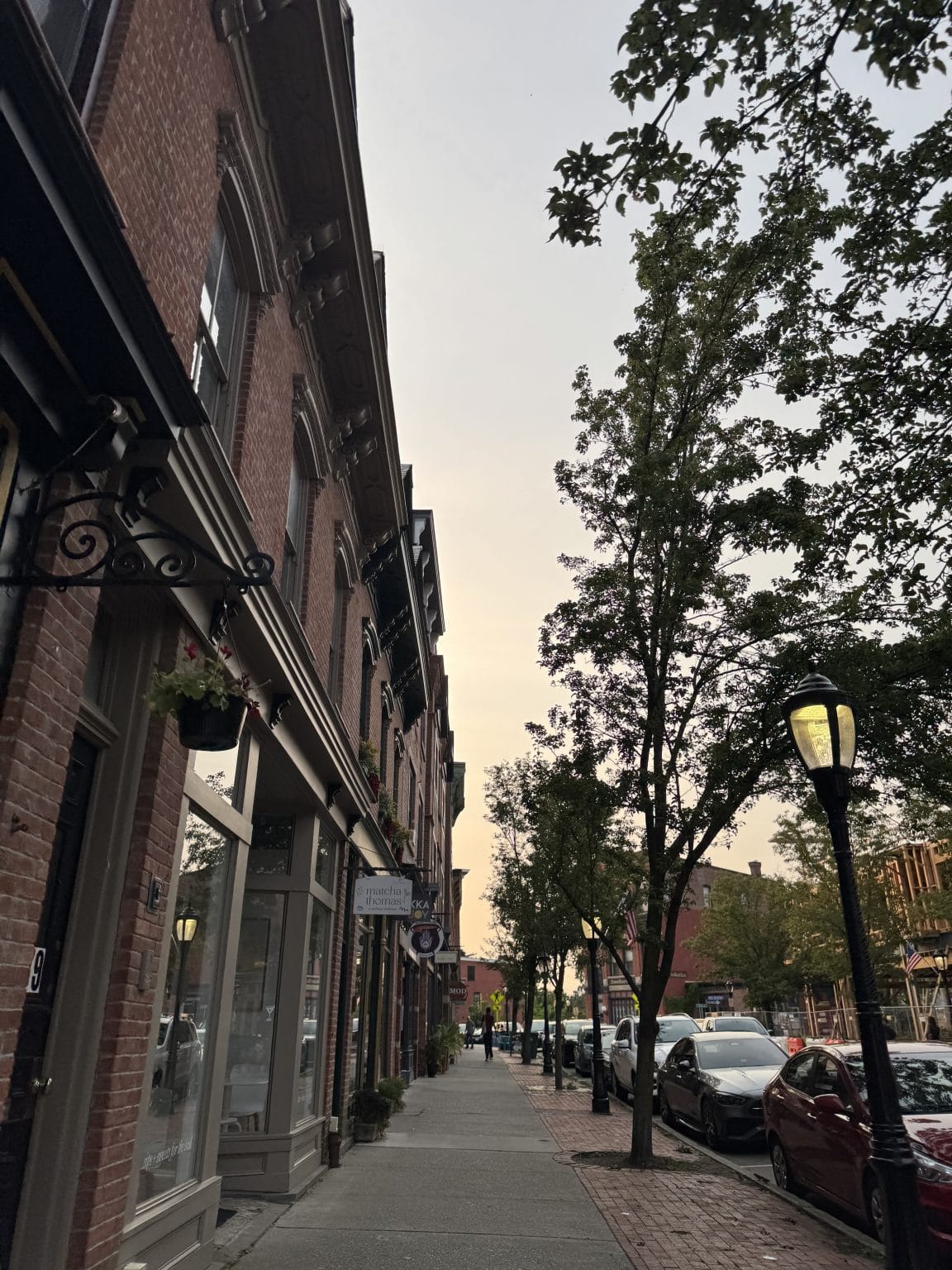 A city sidewalk lined with brick buildings and parked cars at dusk. Trees and street lamps border the walkway, and the sky is light with soft clouds. The scene is calm with no visible pedestrians.