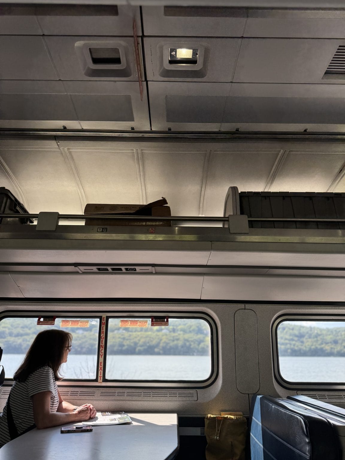 A woman with brown hair sits alone at a table on a train, looking out the window at a river and distant green hills. Sunlight streams in, illuminating her and the empty seat across from her.