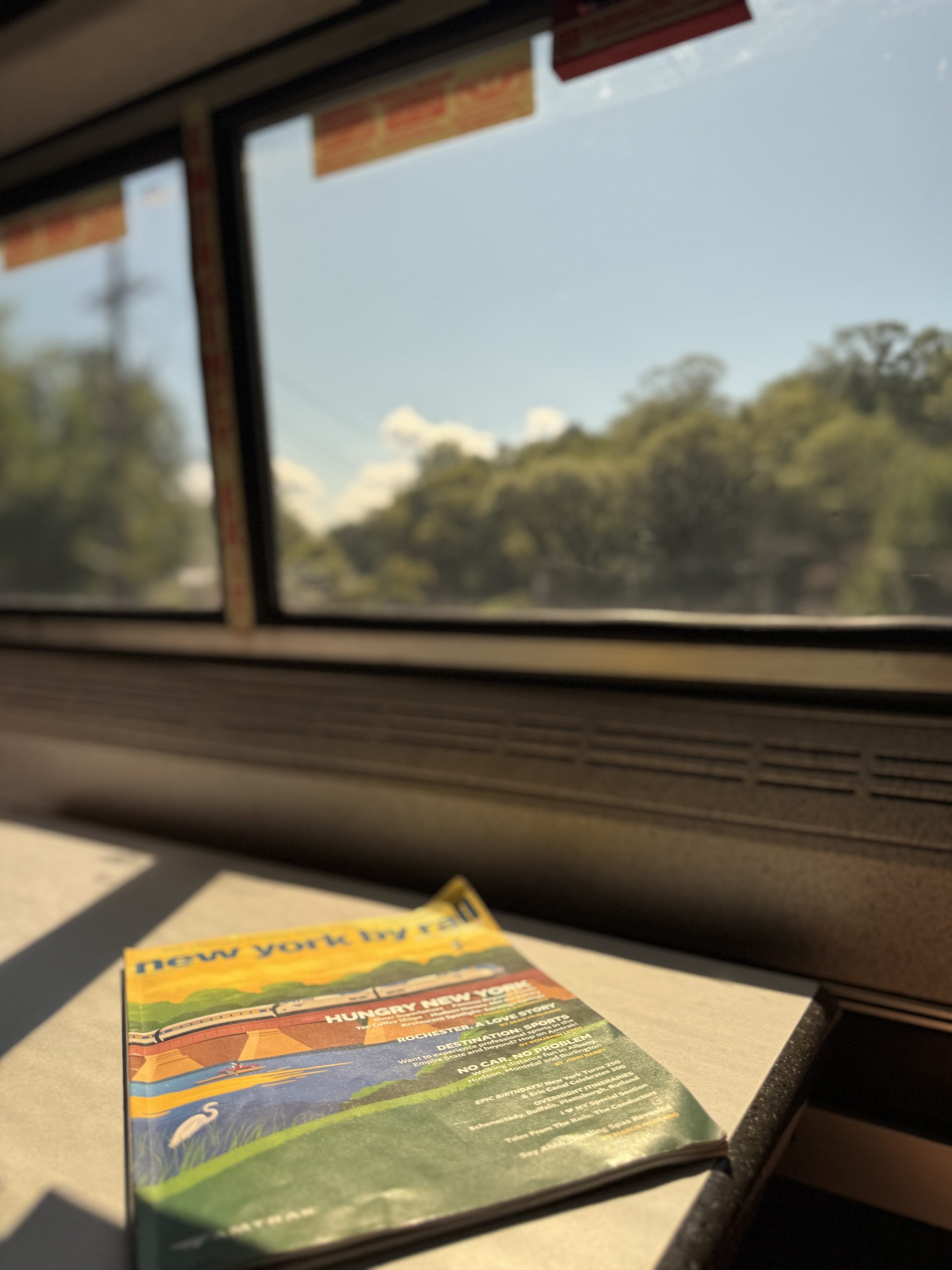 A travel magazine titled new york by rail rests on a table beside a train window, where sunlight streams in and trees blur past outside—capturing the essence of a Mother Daughter Amtrak Train Trip.