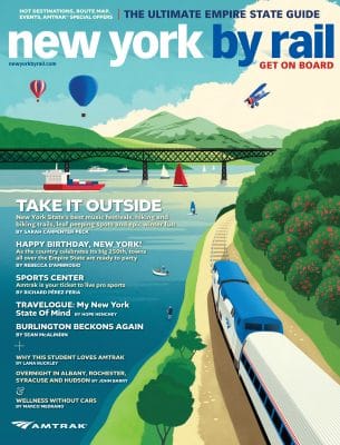 A magazine cover titled new york by rail, featured on the Homepage 10/2024, shows a blue-and-white train traveling beside a river, with sailboats, green trees, a bridge, and a city skyline in the background. Various article teasers are listed.