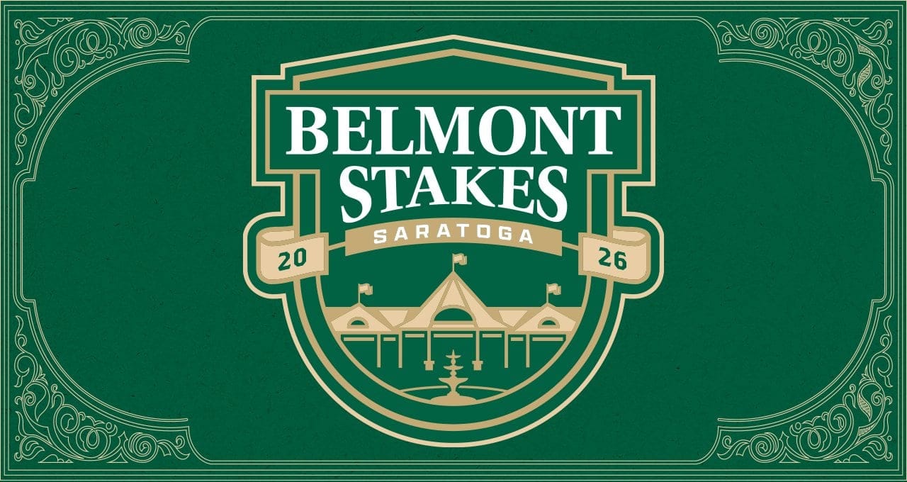 Green and gold graphic with ornate borders features a shield reading 2026 Belmont Stakes Saratoga above an illustration of a racetrack grandstand with flags.