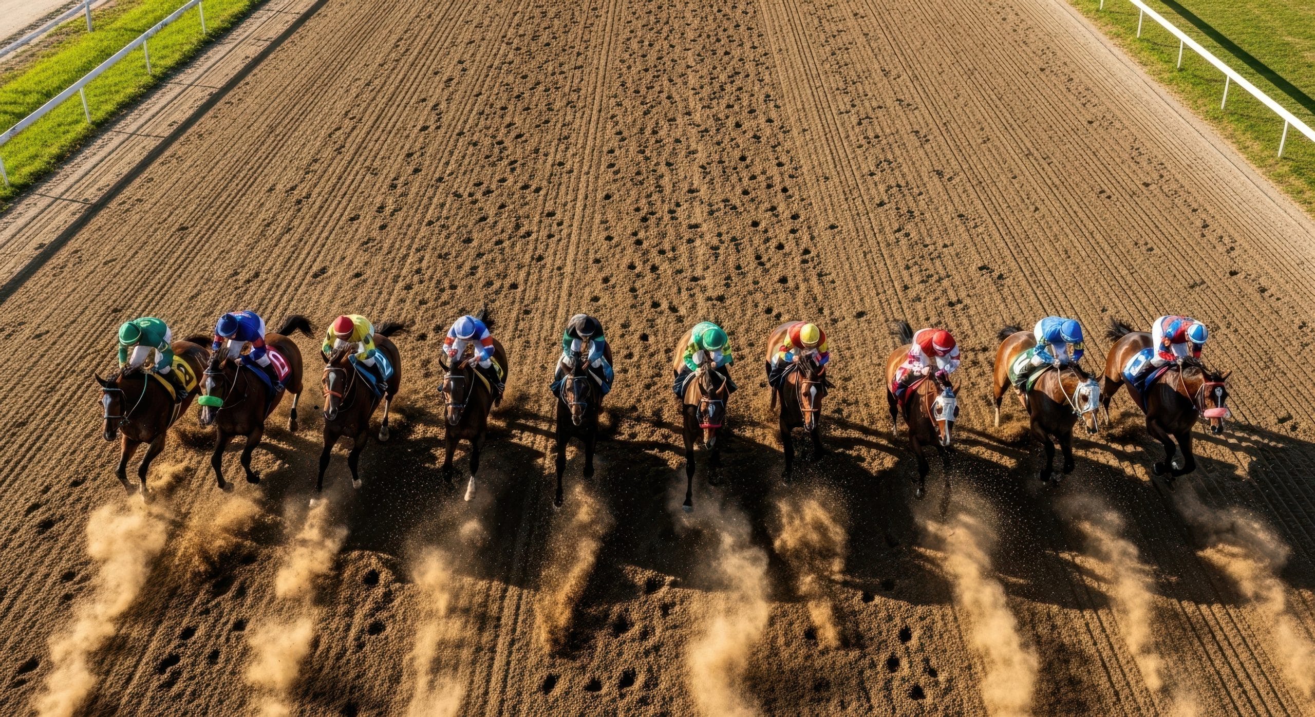Aerial view of eight jockeys riding horses on a dirt racetrack during the 2026 Belmont Stakes, with dust trailing behind them as they race forward under bright sunlight.